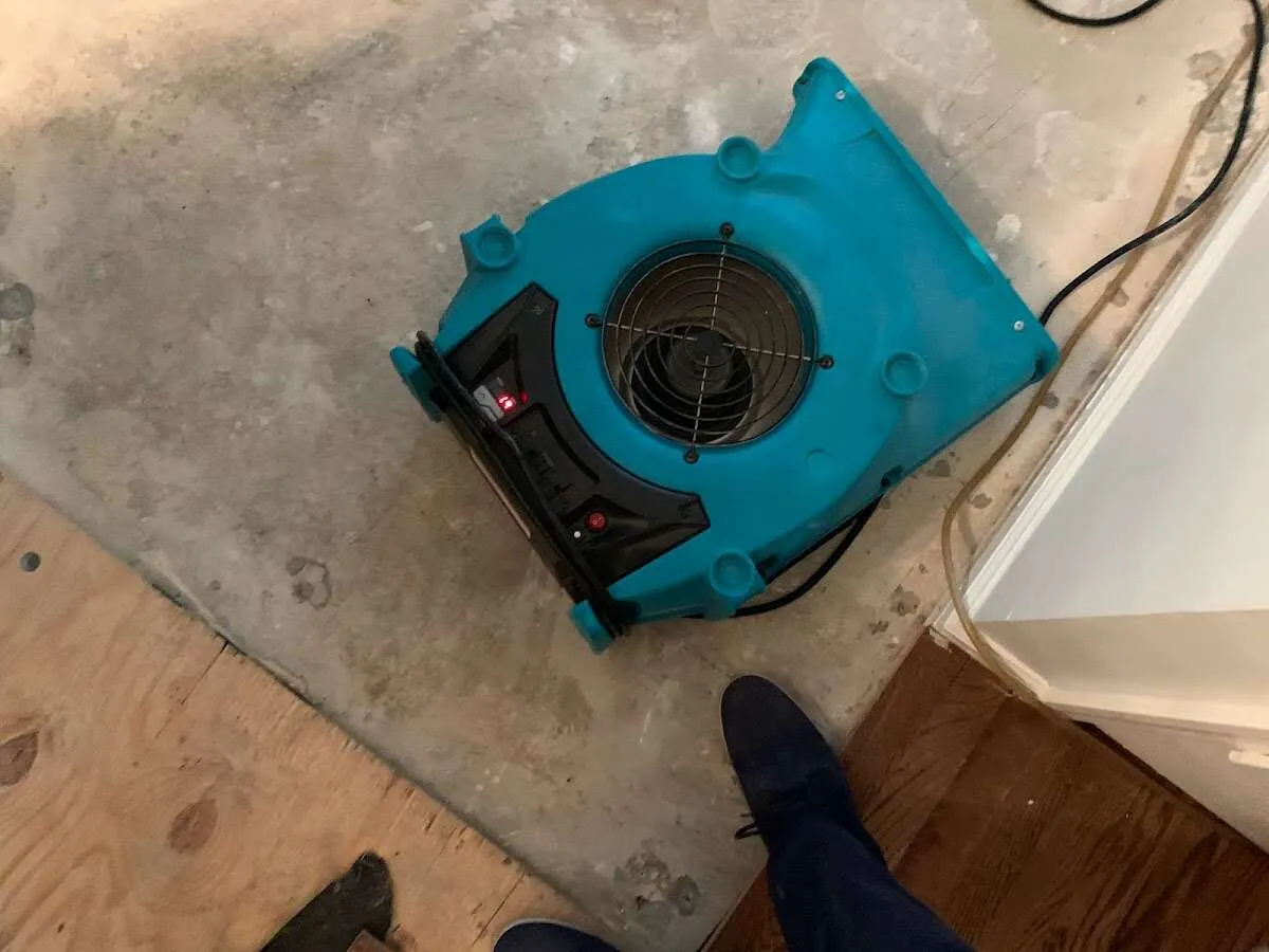 Air mover drying subfloor during Leak Detection & Repair in Southwick